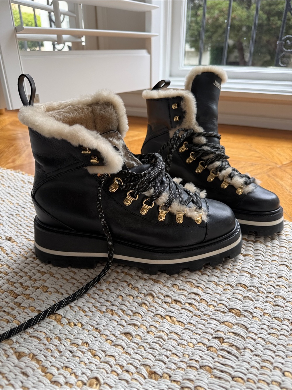 Jimmy Choo Black Leather Winter Hiking Boots with Cream Shearling Trim
